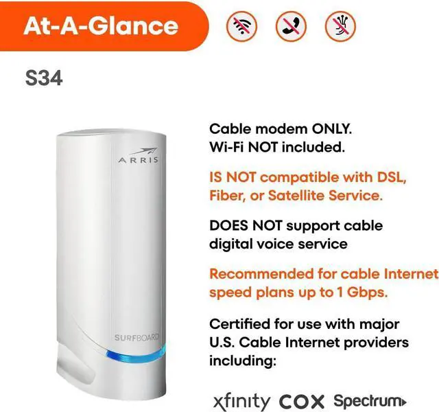 Alt view image 2 of 7 - ARRIS (S34) - Cable Modem - Fast DOCSIS 3.1 Multi-Gigabit Cable Modem, for Comcast Xfinity, Cox, Spectrum & More, 2.5 Gbps Max Internet Speeds, 2 Year Warranty - (No Built-in WiFi)