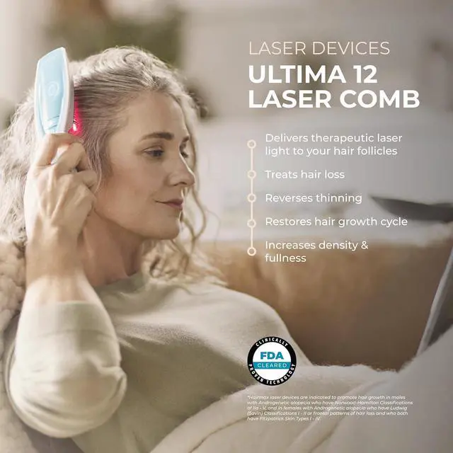 Alt view image 2 of 7 - Hairmax Ultima 12 LaserComb - (FDA Cleared) Laser Hair Regrowth Treatment Device for Men & Women - Reverses Thinning Hair Loss - Red Light Therapy to Stimulate Hair Growth - Cordless Design