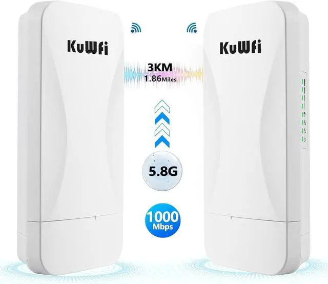 Main image of KuWFi Point to Point Gigabit Wireless Bridge 5.8G 900Mbps 1Gbs LAN Ports Long Range CPE Bridge Network Extend Outdoor 3KM/1.86Miles to of Shop, Barn,Farm and CCTV Connection