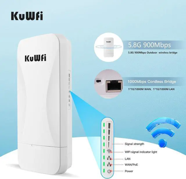 Alt view image 5 of 7 - KuWFi Point to Point Gigabit Wireless Bridge 5.8G 900Mbps 1Gbs LAN Ports Long Range CPE Bridge Network Extend Outdoor 3KM/1.86Miles to of Shop, Barn,Farm and CCTV Connection