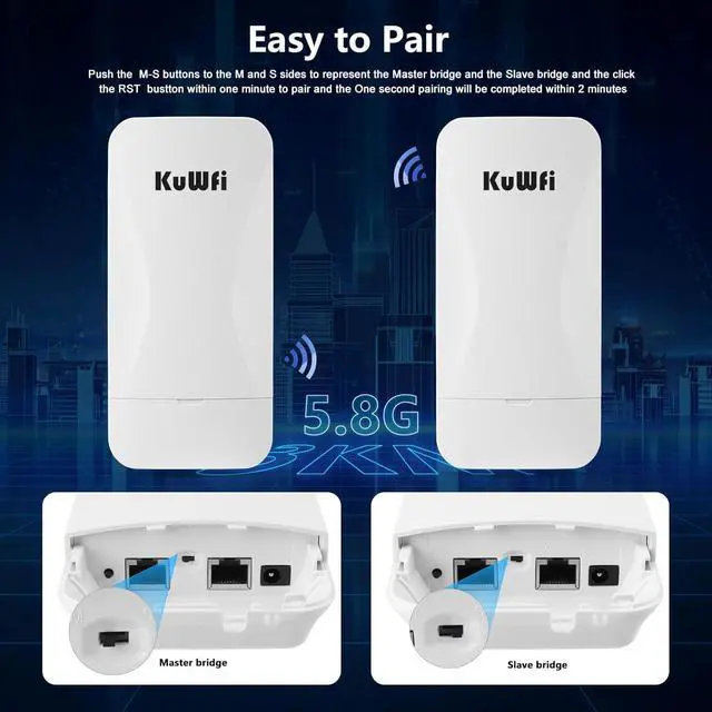 Alt view image 6 of 7 - KuWFi Point to Point Gigabit Wireless Bridge 5.8G 900Mbps 1Gbs LAN Ports Long Range CPE Bridge Network Extend Outdoor 3KM/1.86Miles to of Shop, Barn,Farm and CCTV Connection