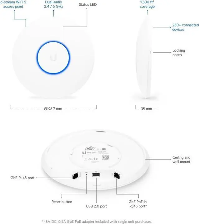 Alt view image 3 of 4 - Ubiquiti Networks 2,4/5Ghz 450/1300Mbps 122m 5Pk Indoor/Outdoor, UAP-AC-PRO_5 (Indoor/Outdoor 196.7 x 35 mm)