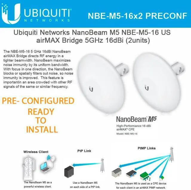 Main image of Ubiquiti NBE-M5-16 5GHz NanoBeam M5 16dBi Kit Complete Pre-Configured