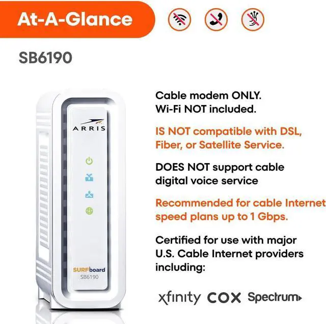 Alt view image 5 of 7 - ARRIS (SB6190) - Cable Modem - Fast DOCSIS 3.0 32x8 Gigabit Cable Modem, For Comcast Xfinity, Cox, Spectrum and more, 1 Gbps Port, 800 Mbps Max Internet Speed, 2 Year Warranty - (No Built-in Wifi)