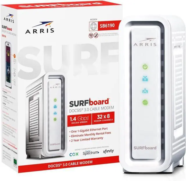 Alt view image 6 of 7 - ARRIS (SB6190) - Cable Modem - Fast DOCSIS 3.0 32x8 Gigabit Cable Modem, For Comcast Xfinity, Cox, Spectrum and more, 1 Gbps Port, 800 Mbps Max Internet Speed, 2 Year Warranty - (No Built-in Wifi)