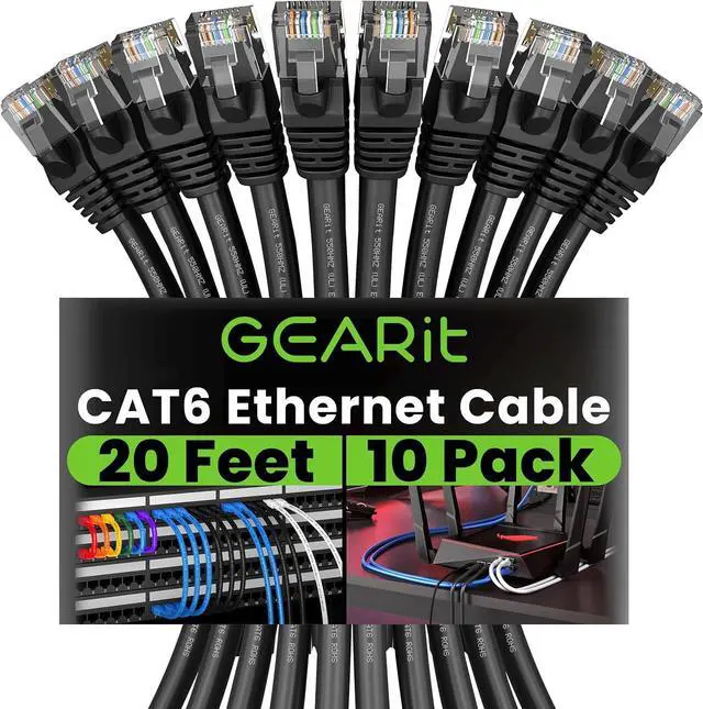 Main image of GearIT Cat 6 Ethernet Cable (10-Pack 20 Feet) Cat6 Network Patch, 10Gbps, RJ45, Snagless Cord, Gold-Plated Connectors, Internet for PC, TV, Tablet, Router, Printer, Servers, IT Data Center - Black