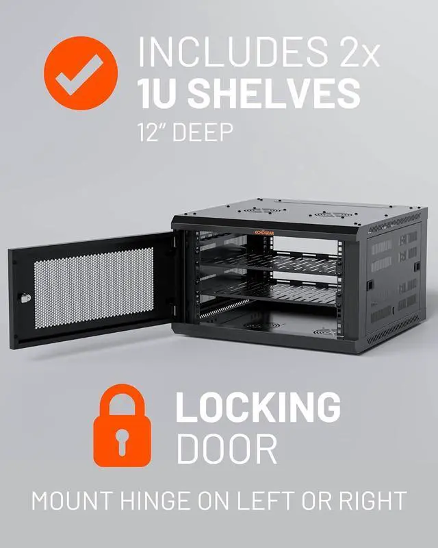 Alt view image 3 of 7 - ECHOGEAR 6U Network Rack - Enclosed Wall Mount Rack Kit Includes 2X 1U Shelves, Pre-Mounted Fan, Lockable Door & Hardware - 600mm Depth Fits All Your AV Gear