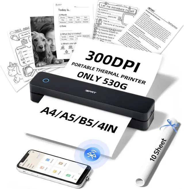 Main image of Portable Thermal Printer for Travel - 300DPI Mobile Inkless Printers, Wireless Small Printer for Home Use, Office, Vehicles, Bluetooth Printers Supports 8.5" x 11" US Letter & A4 & A5 Size, Black