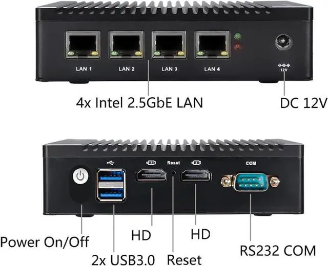 Alt view image 2 of 7 - Micro Firewall Appliance Fanless Mini PC N3700 Quad Core, 4xIntel 2.5GbE i225/i226 Intel 4 Ports Dual HD, 8GB DDR3 128GB mSATA SSD Support AES NI Network Router Box No Wi-Fi (8G+128G)