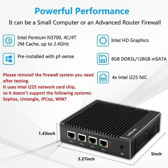Alt view image 3 of 7 - Micro Firewall Appliance Fanless Mini PC N3700 Quad Core, 4xIntel 2.5GbE i225/i226 Intel 4 Ports Dual HD, 8GB DDR3 128GB mSATA SSD Support AES NI Network Router Box No Wi-Fi (8G+128G)