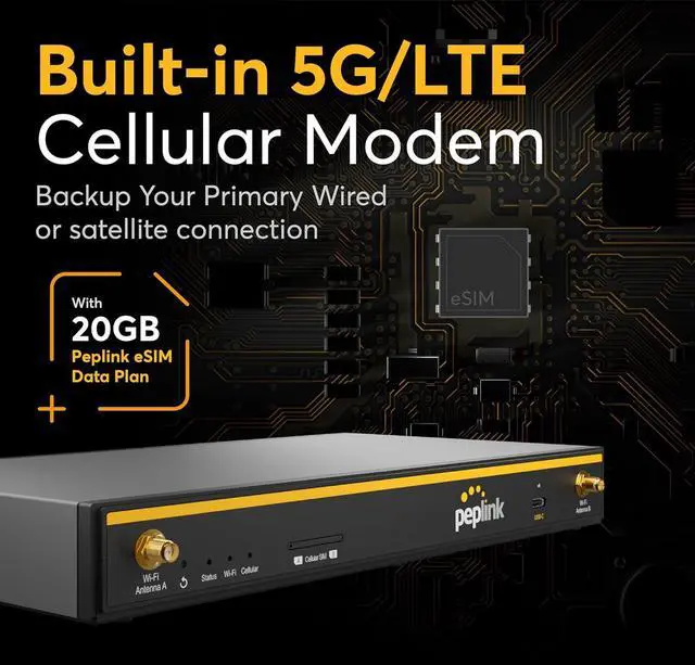 Alt view image 3 of 7 - Peplink B One 5G with Data - Gigabit Dual WAN Cellular WiFi Router for Wireless Internet - 20GB Cellular Data Plan Included - 1Gbps Throughput, Wi-Fi 6, Dual-Band, 4 LAN Ports, Supports 150 Users