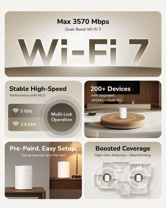 Alt view image 2 of 7 - Cudy Dual Band BE3600 WiFi 7 Wi-Fi Mesh System, 3.6 Gbps 160 Mhz, Coverage up to 4,800 Sq.ft, 3 Gigabit Ports, Multi-VPN Compatible, Cudy APP Control(M3600 2-Pack)
