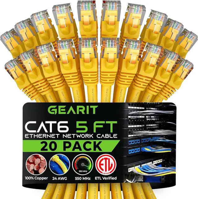 Main image of GearIT Cat 6 Ethernet Cable (20-Pack 5 Feet) Cat6 Network Patch, 10Gbps, RJ45, Snagless Cord, Gold-Plated Connectors, Internet for PC, TV, Tablet, Router, Printer, Servers, IT Data Center - Yellow
