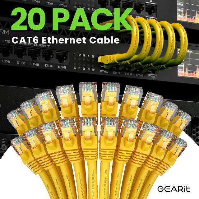 Alt view image 2 of 7 - GearIT Cat 6 Ethernet Cable (20-Pack 5 Feet) Cat6 Network Patch, 10Gbps, RJ45, Snagless Cord, Gold-Plated Connectors, Internet for PC, TV, Tablet, Router, Printer, Servers, IT Data Center - Yellow