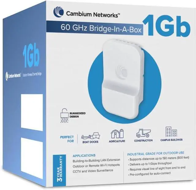 Main image of Cambium Networks 60 GHz Bridge in a Box 1 Gb- Extend Internet Connectivity Up to 500 Feet (150 Meters)- 1 Gbps Throughput- LAN Extension- Backhaul Outdoor/Remote Wi-Fi Hotspots-(US cord)- C600510C001A