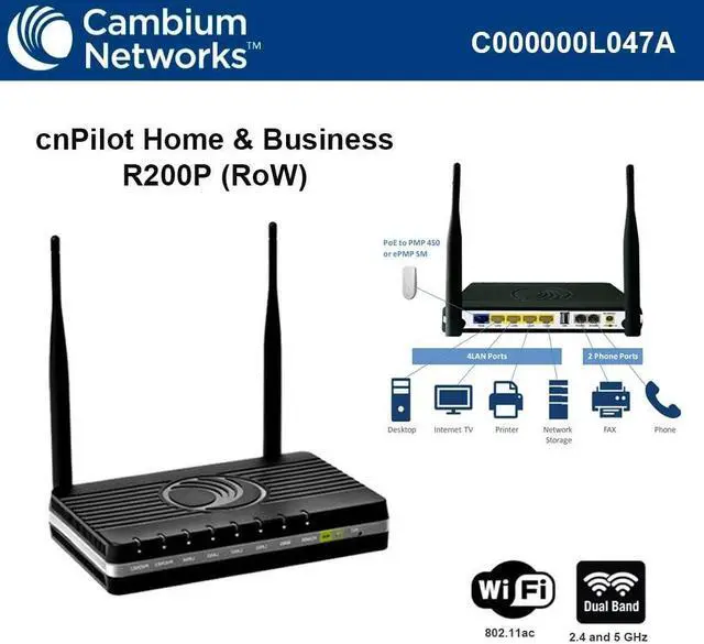 Alt view image 2 of 2 - cnPilot Home & Business R200P 802.11n 300 Mbps Wi-Fi WLAN Router with Analog Telephone Adapter (ATA) VoIP Gateway, 4 port Network Switch, PoE for PMP450, ePMP SMs and 2 phone ports, RoW. No power cord