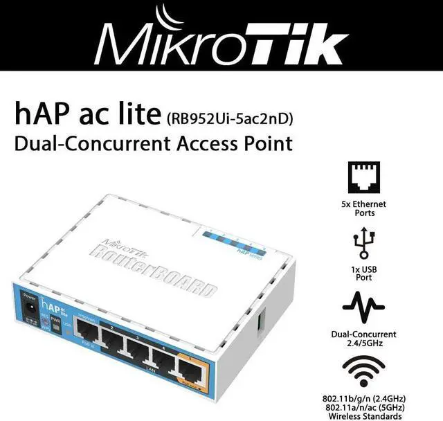 Alt view image 2 of 3 - Mikrotik hAP ac lite US Version Dual Band Access Point 802.11ac 5-Port PoE USB OSL4