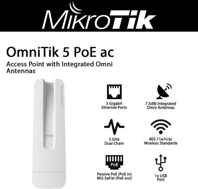 Alt view image 2 of 6 - Mikrotik OmniTIK 5 PoE ac US Version 7.5dBi Ethernet Access Point Omni Antennas