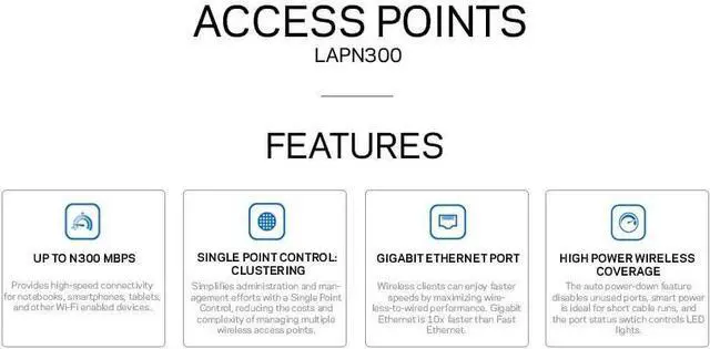 Alt view image 2 of 2 - Linksys LAPN300: Wireless Business Access Point, Wi-Fi, Single Band 2.4 GHz N300, PoE, Range Extension via WDS and Workgroup Bridge (White)