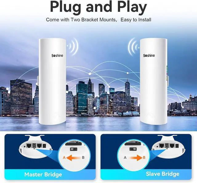 Alt view image 4 of 7 - Soshine Wireless Bridge with Mounts - 300Mbps 5.8G,Point to Point Wireless Bridge Outdoor to Shop Barn Garage Building, 3KM Long Distance,Plug and Play,2 RJ45 LAN Port,24V PoE Injector,2Pack