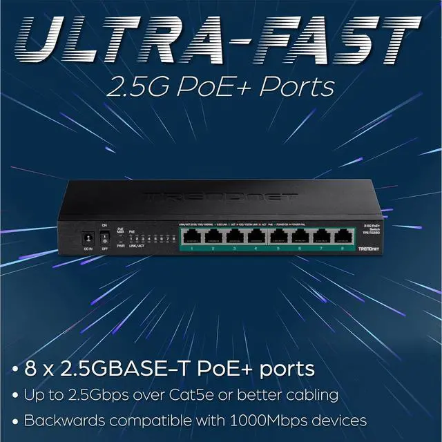 Alt view image 3 of 7 - TRENDnet 8-Port Unmanaged 2.5G PoE+ Switch, TPE-TG380, Fanless, Compact Desktop Design, Metal Housing, 2.5GBASE-T Ports, IEEE 802.3bz, 100W PoE Budget, Ethernet Splitter, NDAA & TAA Compliant, Black