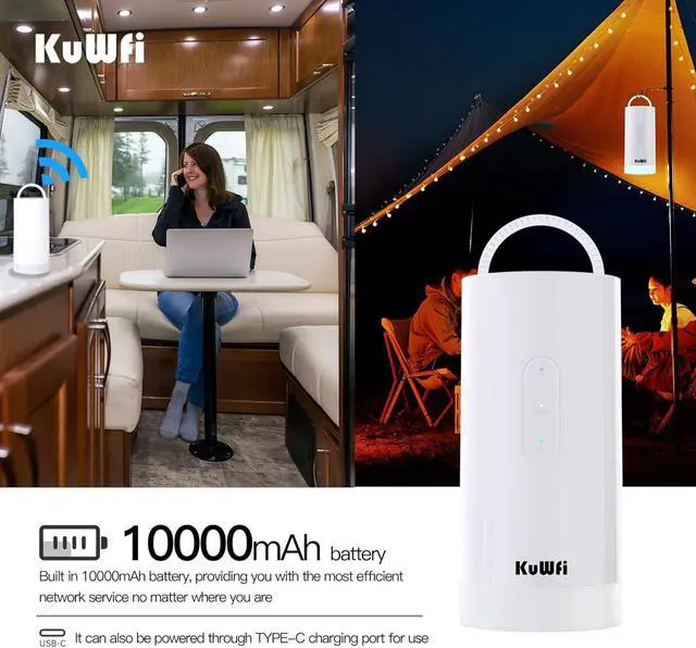 Alt view image 3 of 7 - KuWFi C290 4G+/Cat6 Portable Router with 5-Color Camping Light, 10000mAh Battery, Solar & Type-C Charging for Outdoor WiFi & Night Lighting