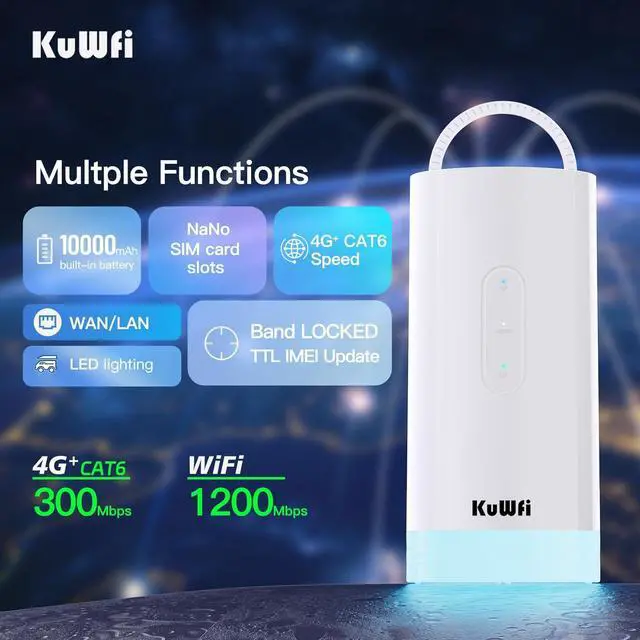 Alt view image 7 of 7 - KuWFi C290 4G+/Cat6 Portable Router with 5-Color Camping Light, 10000mAh Battery, Solar & Type-C Charging for Outdoor WiFi & Night Lighting