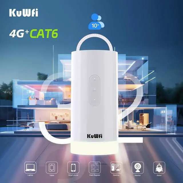 Alt view image 6 of 7 - KuWFi C290 4G+/Cat6 Portable Router with 5-Color Camping Light, 10000mAh Battery, Solar & Type-C Charging for Outdoor WiFi & Night Lighting
