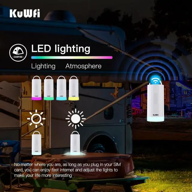 Alt view image 4 of 7 - KuWFi C290 4G+/Cat6 Portable Router with 5-Color Camping Light, 10000mAh Battery, Solar & Type-C Charging for Outdoor WiFi & Night Lighting