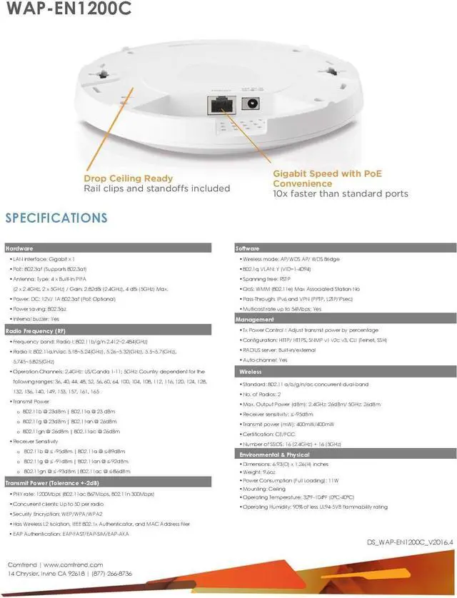 Alt view image 5 of 7 - Comtrend 400Mw High Power AC1200 Poe Ceiling Mount Access Point WAP-EN1200C
