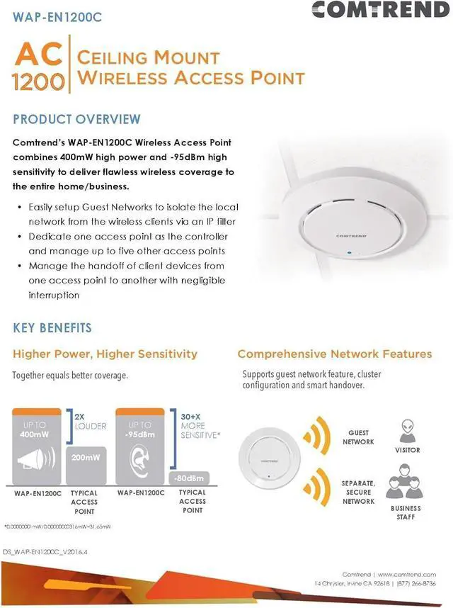 Alt view image 4 of 7 - Comtrend 400Mw High Power AC1200 Poe Ceiling Mount Access Point WAP-EN1200C
