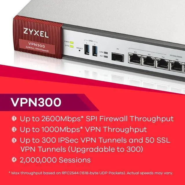 Alt view image 2 of 3 - Zyxel ZyWALL 2.6 Gbps, up to 300 Users VPN Firewall/SD-WAN, a 1-Year SD-WAN License Pack Included [VPN300]