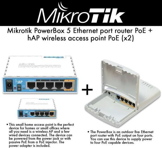 Alt view image 2 of 7 - Mikrotik RB750P-PBr2 PowerBox outdoor 5 Ethernet port router with PoE (1-UNIT) + RB951Ui-2nD hAP wireless access point PoE (4-UNITS)