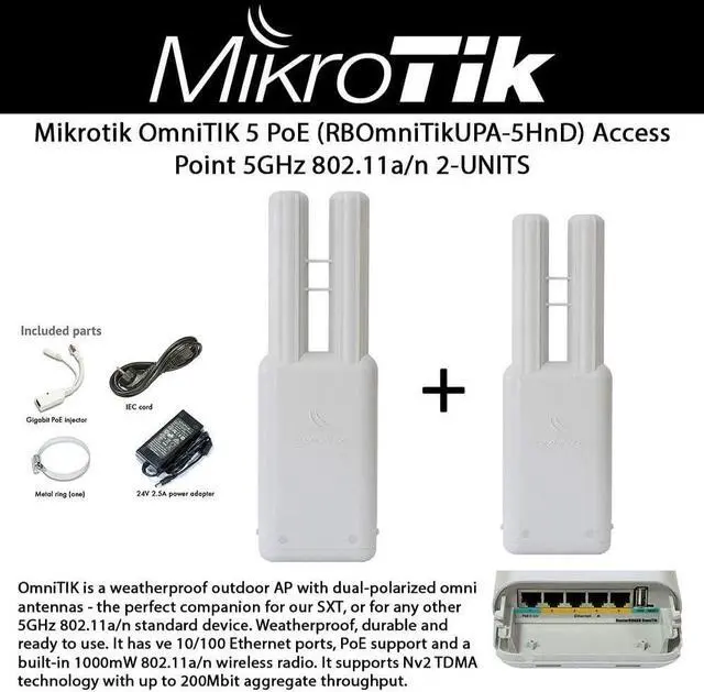 Alt view image 2 of 5 - Mikrotik OmniTIK 5 PoE (RBOmniTikUPA-5HnD) 2-UNITS weatherproof outdoor Access Point with dual-polarized omni antennas, 5xEthernet ports with PoE output, 802.11a/n wireless radio