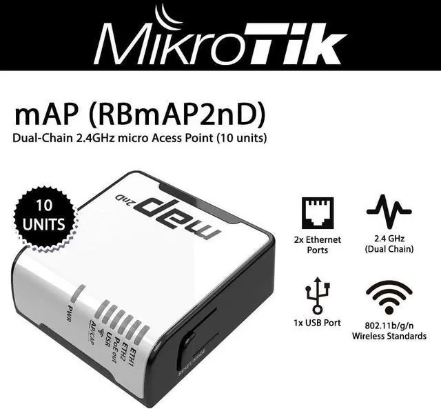 Alt view image 2 of 7 - Mikrotik mAP 10-Units RBmAP2nD Dual-Chain 2.4GHz Micro Access Point PoE Out RouterOS L4