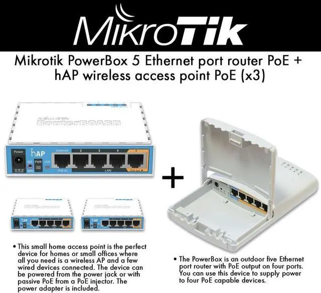 Alt view image 2 of 7 - Mikrotik RB750P-PBr2 PowerBox outdoor 5 Ethernet port router with PoE (1-UNIT) + RB951Ui-2nD hAP wireless access point PoE (3-UNITS)