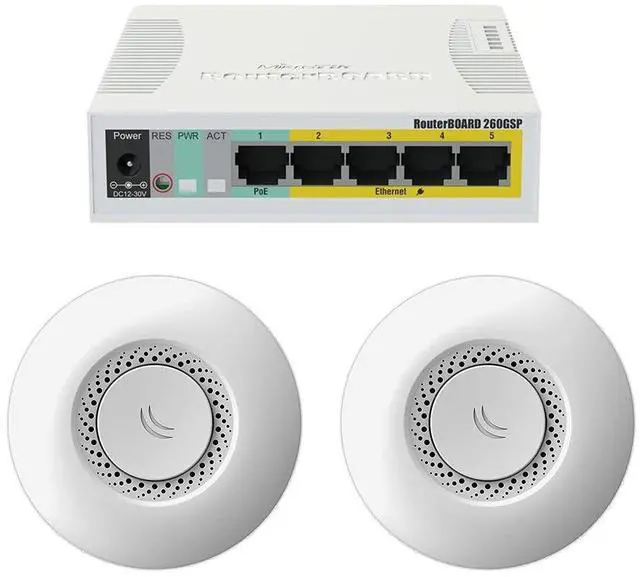 Main image of Mikrotik RB260GSP switch PoE injector, Gigabit + RBcAP2nD Access Point PoE (x2)