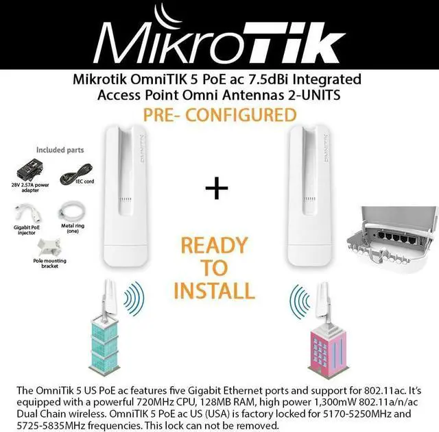 Alt view image 2 of 2 - Mikrotik OmniTIK 5 PoE ac 7.5dBi Integrated Access Point 5GHz Dual Chain with 802.11ac Support 5X Gigabit Ethernet Ports with PoE-Out 2-Units PRE-CONFIGURED