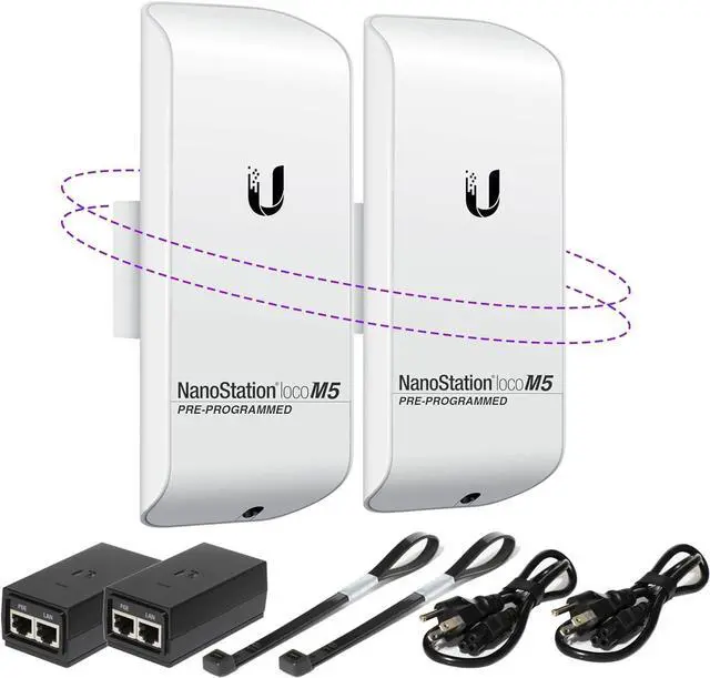 Main image of Wireless Bridge LOCOM5 PRE-Programmed Bundle of 2 Ubiquiti Nanostation LOCO M5, Point to Point Outdoor WiFi Bridge, Plugh and Play, 5GHz, 150+Mbps, 15+km Link Range Network Wireless Bridge.