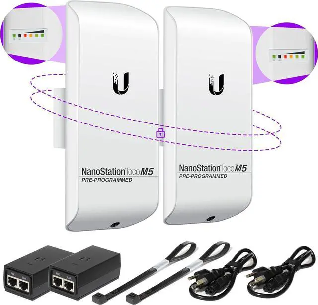 Alt view image 2 of 7 - Wireless Bridge LOCOM5 PRE-Programmed Bundle of 2 Ubiquiti Nanostation LOCO M5, Point to Point Outdoor WiFi Bridge, Plugh and Play, 5GHz, 150+Mbps, 15+km Link Range Network Wireless Bridge.