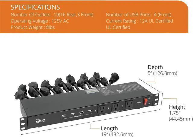 Alt view image 2 of 6 - 1U Rack Mount 19 Outlet PDU Power Distribution Unit Power Strip Circuit Breaker fits 19-inch AV/Network/Server Cabinet/Closet/Enclosure