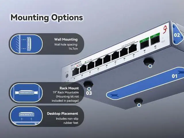 Alt view image 4 of 6 - 10 Port 2.5G Unmanaged Ethernet Switch with 2x10G SFP+, 2.5 Gigabit Network Switch, 2.5Gb Ethernet Hub, Plug & Play, Metal Housing, Desktop/Wall-Mount