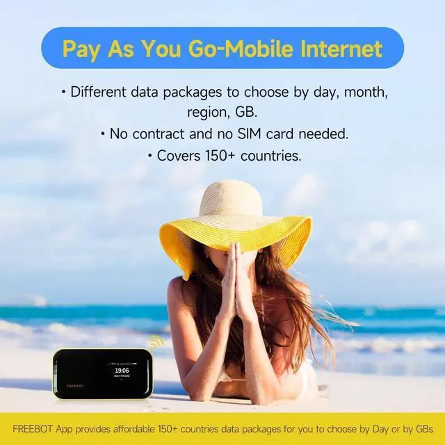 Alt view image 7 of 7 - FREEBOT Mobile Hotspot Portable WiFi for Travel in 150+ Countries, No SIM Card, No Contract Required, High Speed, 10 Connected Devices, Multiple Networks (5GB Global & 10GB US Data, for 90 Days)