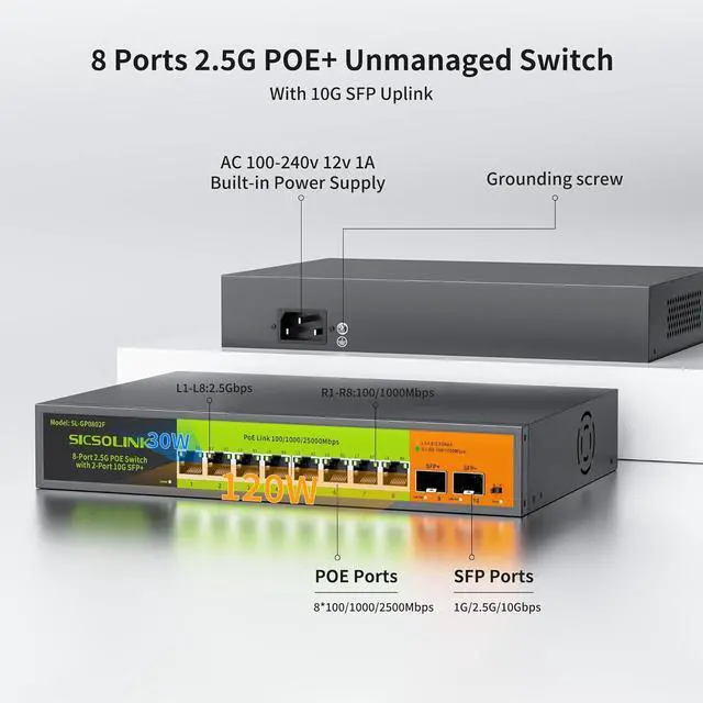Alt view image 2 of 7 - 10-Port 2.5Gb Unmanaged PoE+ Switch with 8*2.5G Base-T PoE+ Ports, 2*10G SFP+ , IEEE802.3af/at, 80Gbps Switching Capacity, Metal, 2.5Gbe PoE Switch for NAS/PC, Security Camera, AP
