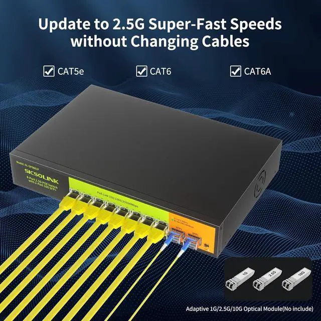 Alt view image 7 of 7 - 10-Port 2.5Gb Unmanaged PoE+ Switch with 8*2.5G Base-T PoE+ Ports, 2*10G SFP+ , IEEE802.3af/at, 80Gbps Switching Capacity, Metal, 2.5Gbe PoE Switch for NAS/PC, Security Camera, AP