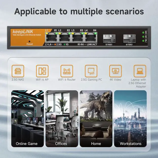 Alt view image 6 of 7 - 6 Port 2.5G Smart Web Managed Switch, 4 x 2.5G Base-T Ports, 2 x 10G SFP+ Slots, Support Static Link Aggregation, QoS/VLAN/IGMP, Metal Fanless Multi-Gig Network Ethernet Switch