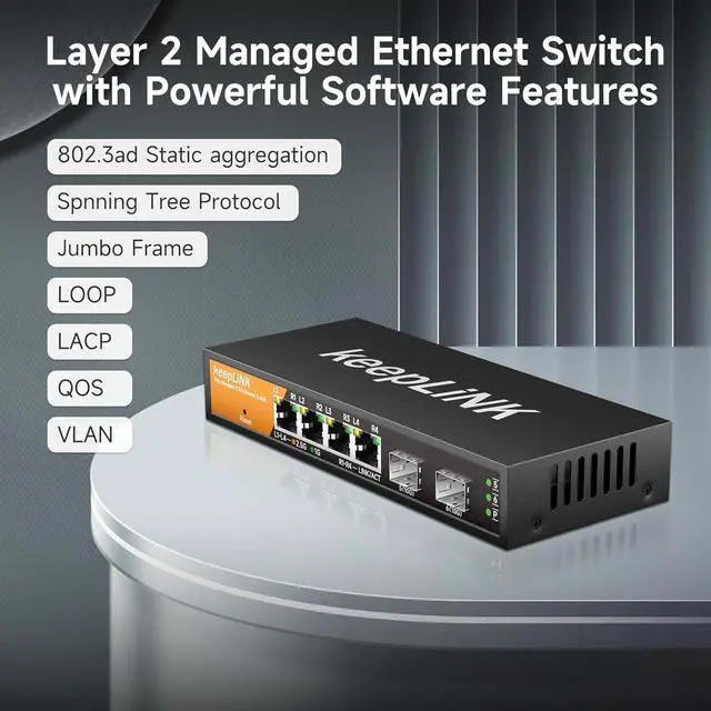 Alt view image 7 of 7 - 6 Port 2.5G Smart Web Managed Switch, 4 x 2.5G Base-T Ports, 2 x 10G SFP+ Slots, Support Static Link Aggregation, QoS/VLAN/IGMP, Metal Fanless Multi-Gig Network Ethernet Switch