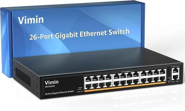 Main image of 24-Port Gigabit Ethernet Switch with 2 Uplink 1000Mbps Ports, 26-Port Unmanaged Network Switch Support IEEE802.3af/at, VLAN, Metal Housing, Desktop, 19 inch Rack-Mount, Plug and Play
