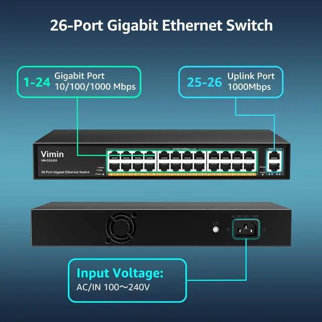 Alt view image 2 of 7 - 24-Port Gigabit Ethernet Switch with 2 Uplink 1000Mbps Ports, 26-Port Unmanaged Network Switch Support IEEE802.3af/at, VLAN, Metal Housing, Desktop, 19 inch Rack-Mount, Plug and Play