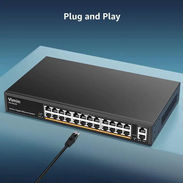 Alt view image 4 of 7 - 24-Port Gigabit Ethernet Switch with 2 Uplink 1000Mbps Ports, 26-Port Unmanaged Network Switch Support IEEE802.3af/at, VLAN, Metal Housing, Desktop, 19 inch Rack-Mount, Plug and Play